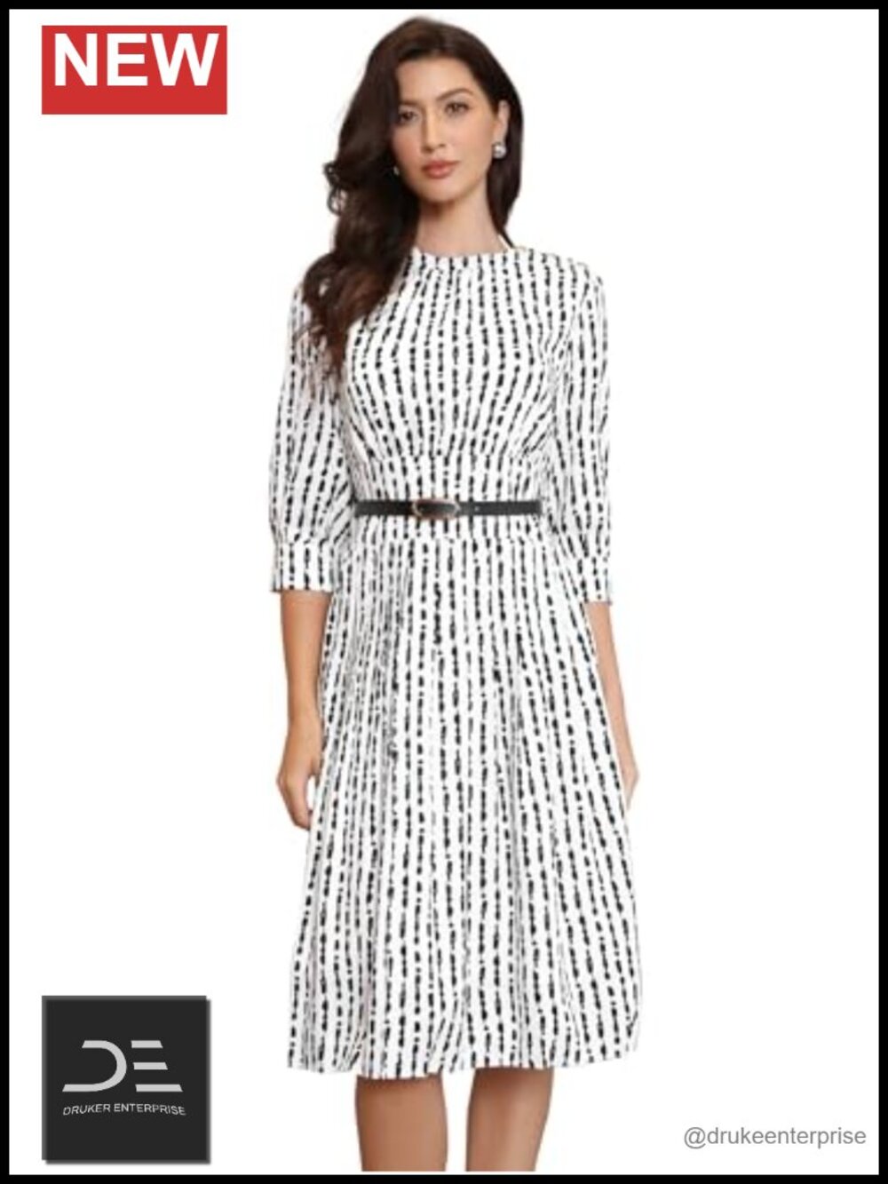 Striped Puff Half Sleeve A-Line Pleated Dress